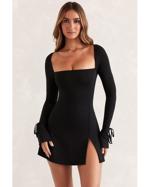 Oh Polly Black Square Neck Long Sleeve Mini Dress