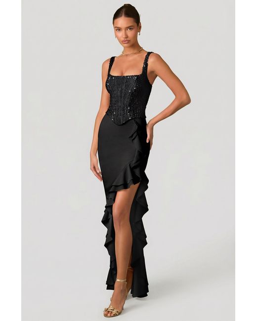 Oh Polly Black Embellished Ruffle-Trim Corset Gown