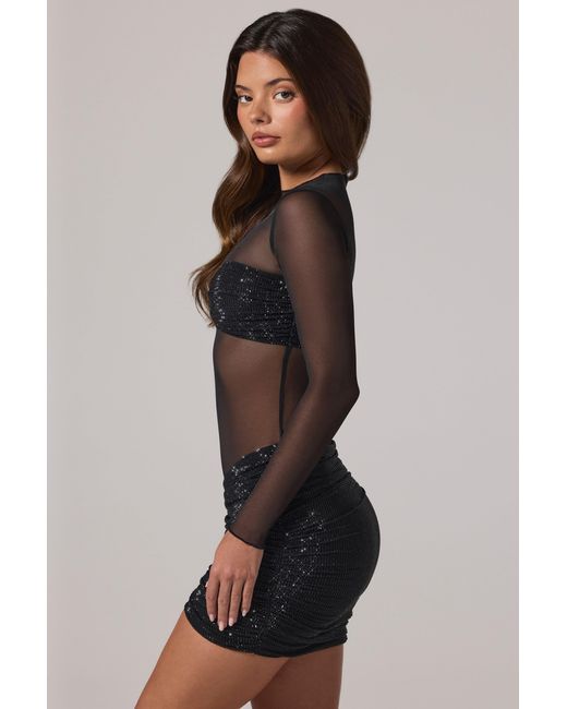 Oh Polly Black Sheer Embellished High-Neck Long Sleeve Mini Dress