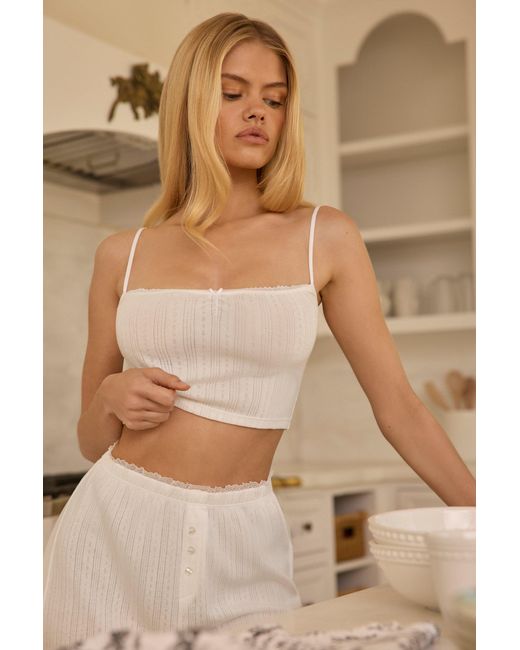 Oh Polly White Pointelle Ruched Camisole Crop Top