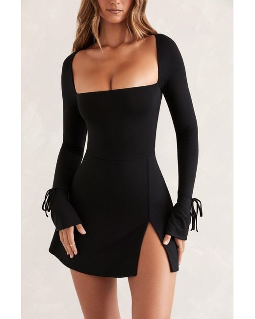 Oh Polly Black Square Neck Long Sleeve Mini Dress