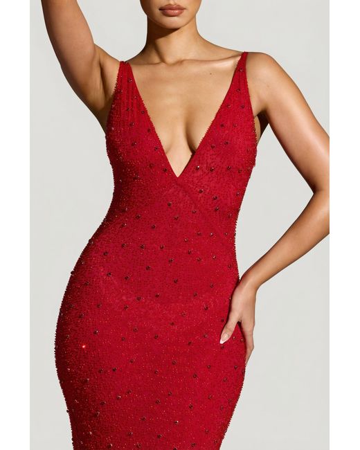 Oh Polly Red Embellished Plunge Neck Evening Gown