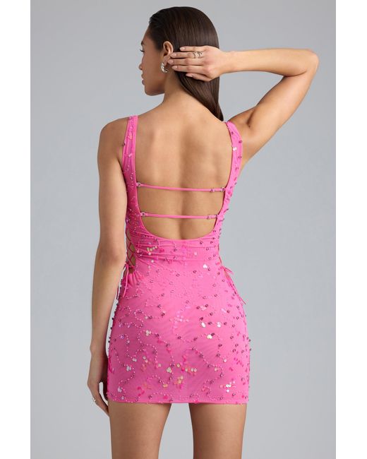 Oh Polly Pink Embellished Lace-Up Mini Dress