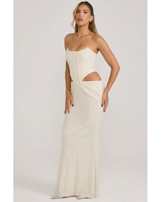 Oh Polly White Embellished Cut-Out Draped Corset Gown
