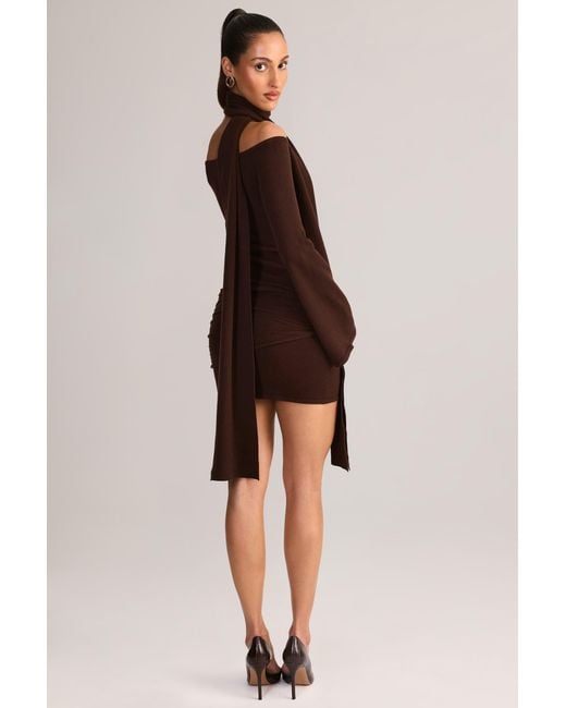 Oh Polly Brown Knit Scarf-Detail Off-Shoulder Mini Dress
