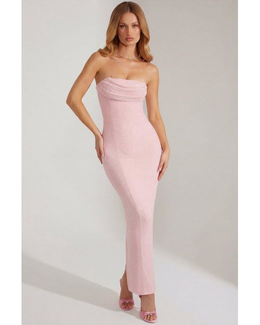 Oh Polly Pink Embellished Bandeau Cowl Neck Maxi Dress