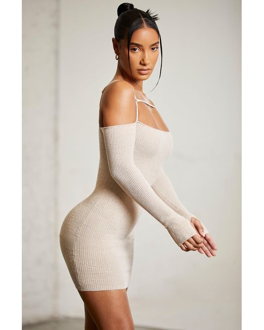 Oh Polly Natural Cold Shoulder Long Sleeve Mini Dress