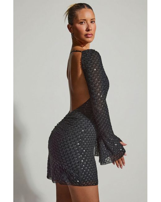 Oh Polly Black Embellished Open-Back A-Line Mini Dress