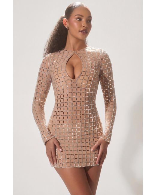 Oh Polly Natural Embellished Semi-Sheer Cut-Out Mini Dress