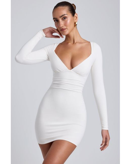 Oh Polly White Modal Ruched Long-Sleeve Mini Dress