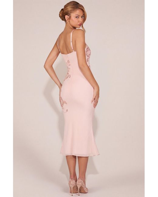 Oh Polly Pink Embellished Peekaboo Fluted-Hem Midaxi Dress