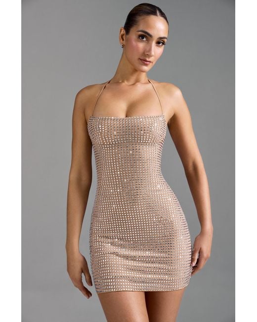 Oh Polly Natural Embellished Halterneck A-Line Mini Dress