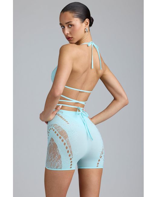 Oh Polly Blue Embellished High-Waist Shorts