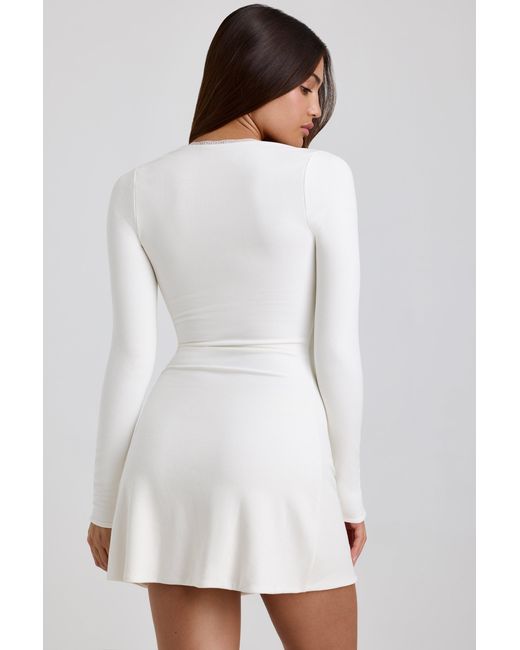 Oh Polly White Ribbed Modal Lace-Trim Mini Dress