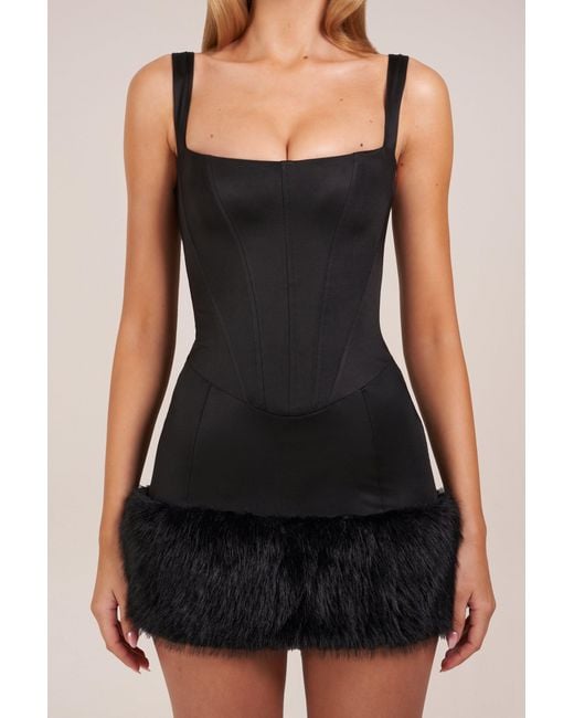Oh Polly Black Satin Square-Neck Corset Faux-Fur Mini Dress