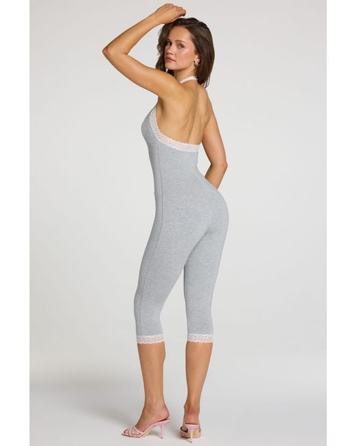 Oh Polly Gray Modal Lace-Trim Capri Jumpsuit