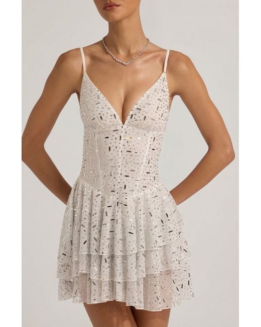 Oh Polly White Embellished Ruffled Tiered Mini Dress