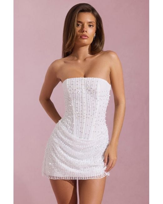 Oh Polly White Embellished Draped Strapless A-Line Mini Dress