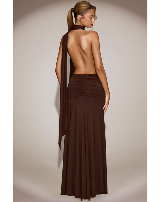 Oh Polly Brown Soft-Jersey Plunge Halterneck Maxi Dress
