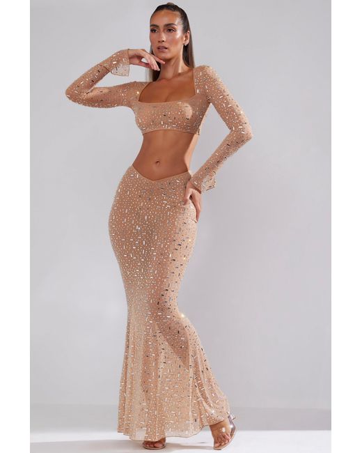 Oh Polly Natural Sheer Embellished V-Waist Maxi Skirt