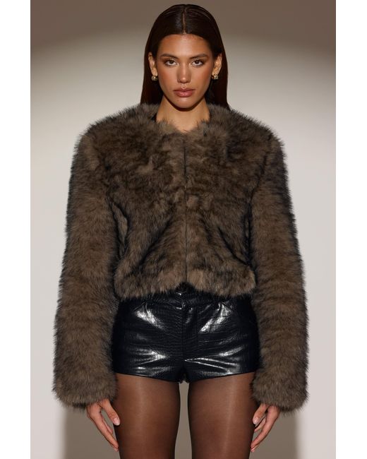 Oh Polly Brown Cropped Faux-Fur Jacket