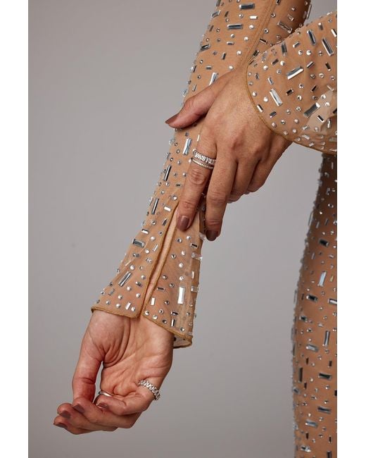 Oh Polly Natural Sheer Embellished Long Sleeve Evening Gown