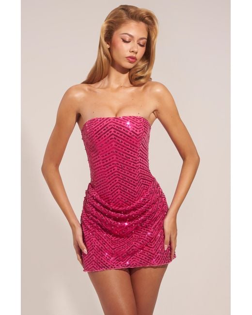 Oh Polly Pink Embellished Draped Strapless A-Line Mini Dress
