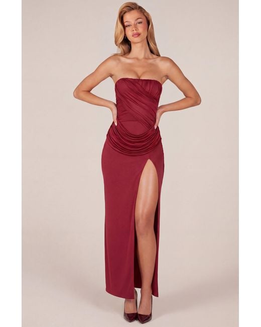 Oh Polly Red Bandeau Draped Thigh-High Maxi Dress
