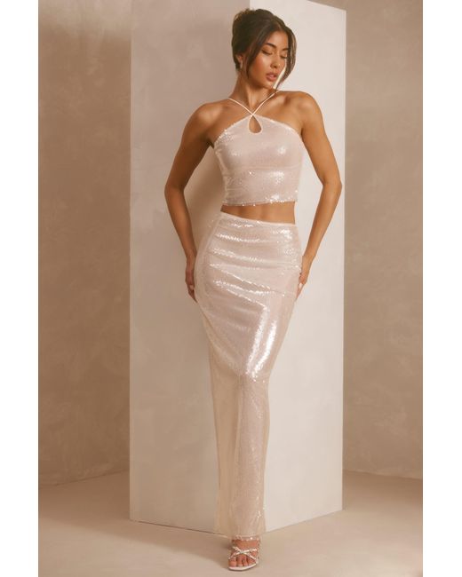 Oh Polly White Sheer Sequin Keyhole Cut Out Halter Neck Crop Top