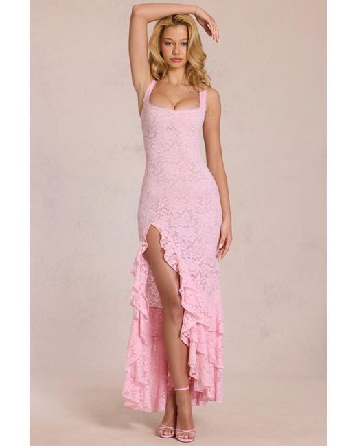 Oh Polly Pink Lace Ruffle Maxi Dress