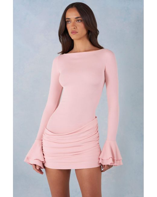 Oh Polly Pink Ribbed Modal Long-Sleeve Draped Mini Dress