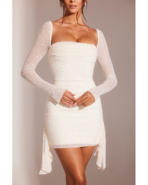 Oh Polly White Long Sleeve Embellished Cowl Neck Mini Dress