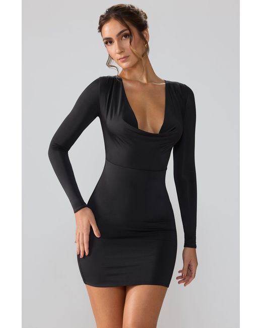 Oh Polly Black Slinky Jersey Long Sleeve Plunge Neck Mini Dress