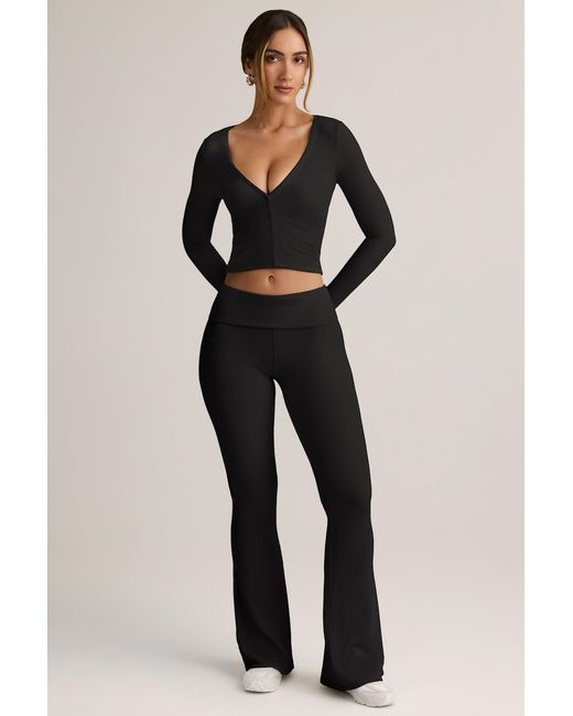 Oh Polly Black Modal Ribbed Foldover Flared Trousers
