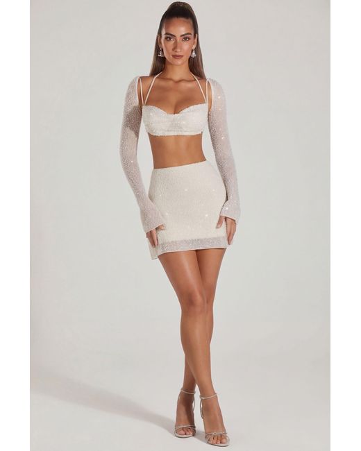 Oh Polly White Embellished Long Sleeve Crop Top