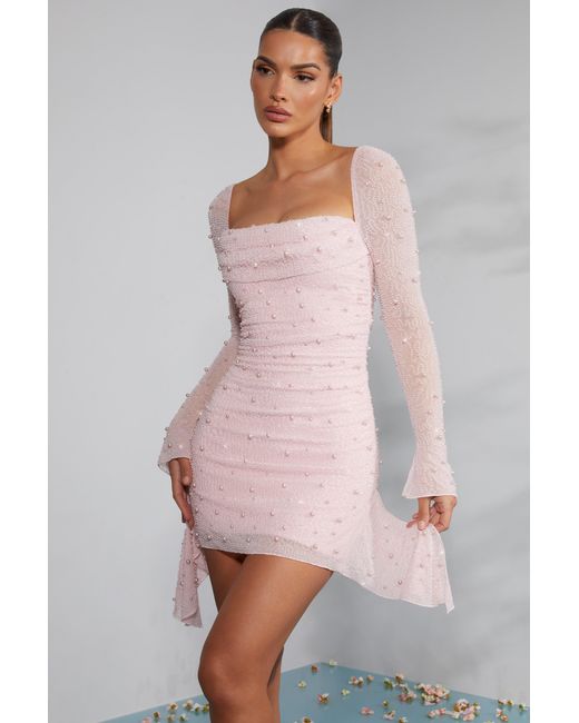 Oh Polly Pink Long Sleeve Embellished Cowl Neck Mini Dress