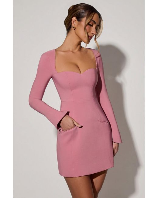 Oh Polly Pink Sweetheart-Neck Long-Sleeve A-Line Mini Dress