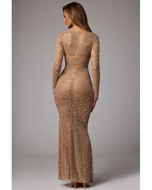 Oh Polly Natural Sheer Embellished Long Sleeve Evening Gown