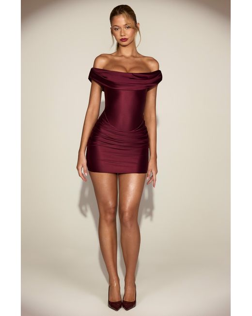 Oh Polly Red Satin Off-Shoulder Draped Mini Dress