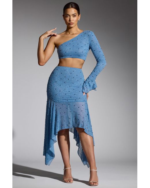 Oh Polly Blue Embellished Handkerchief Hem Skirt