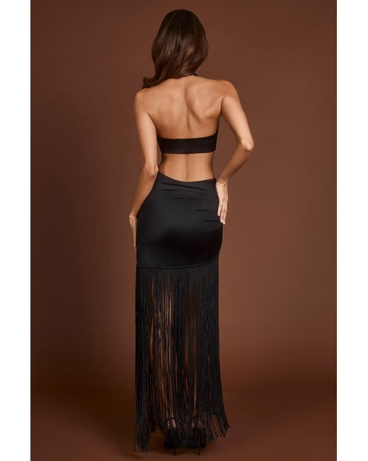 Oh Polly Black Fringed Plunge-Neck Maxi Dress