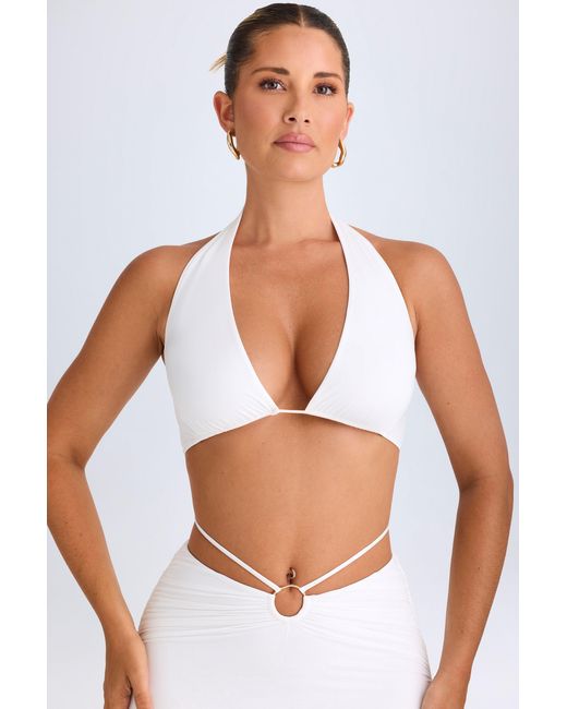 Oh Polly White Plunge Hardware-Detail Halterneck Crop Top