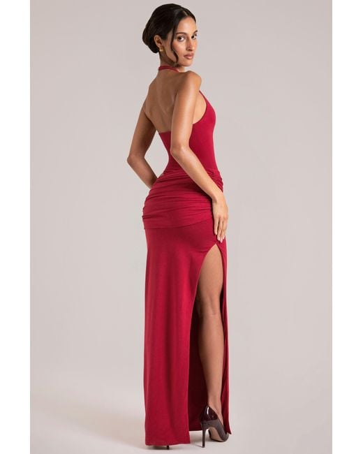 Oh Polly Red Deep Plunge Halterneck Maxi Dress