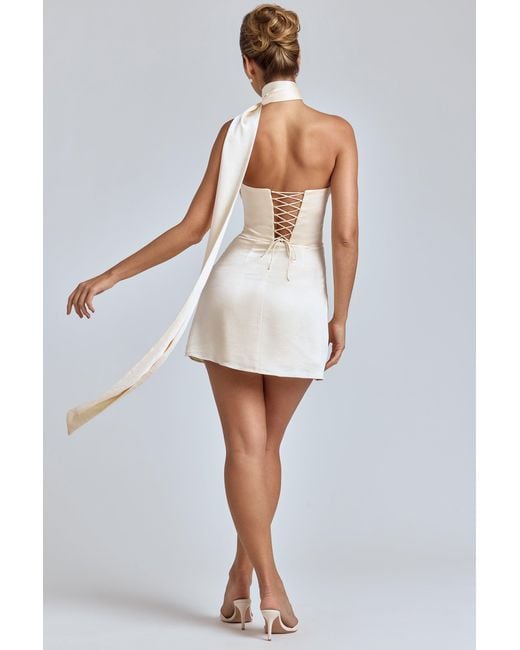 Oh Polly White Draped Halterneck Satin Mini Dress