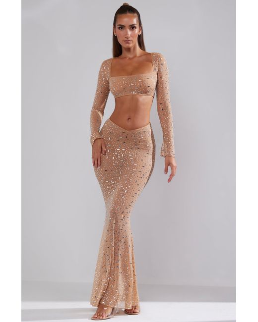 Oh Polly Natural Sheer Embellished V-Waist Maxi Skirt