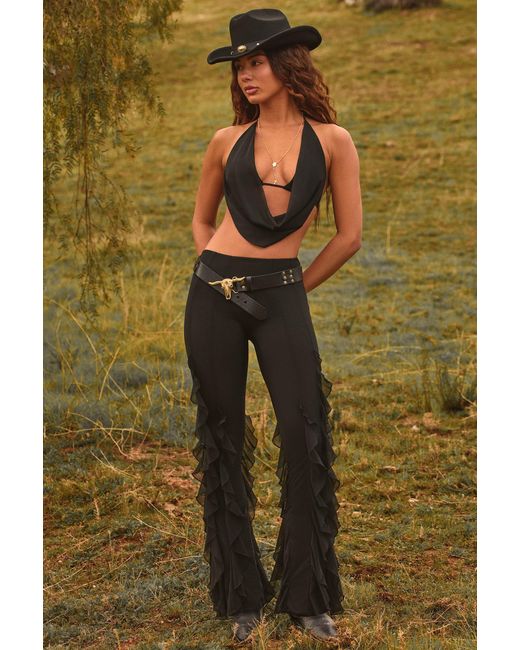 Oh Polly Black Ruffled Mid-Rise Flared Trousers