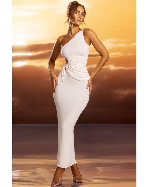 Oh Polly White Textured Jersey Ruched Cut-Out One Shoulder Top