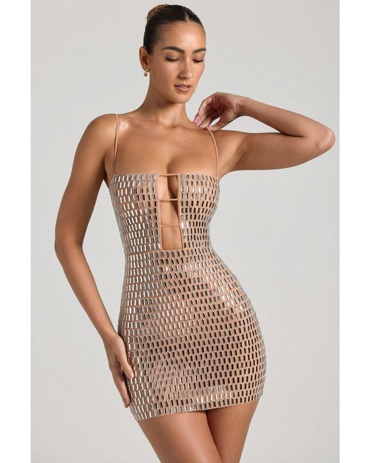 Oh Polly Natural Embellished Cut-Out Mini Dress