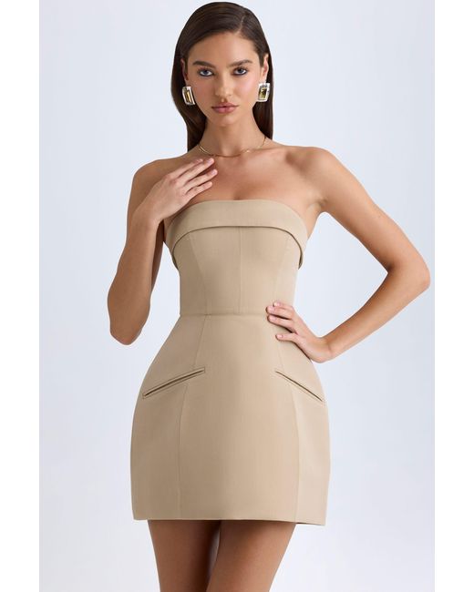 Oh Polly Natural Foldover-Neck Structured Tulip Mini Dress