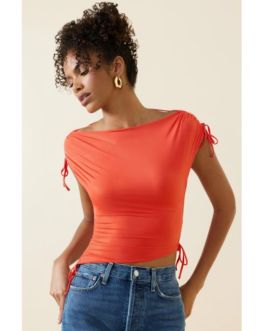 Oh Polly Red Asymmetric Ruched Cowl-Back Crop Top